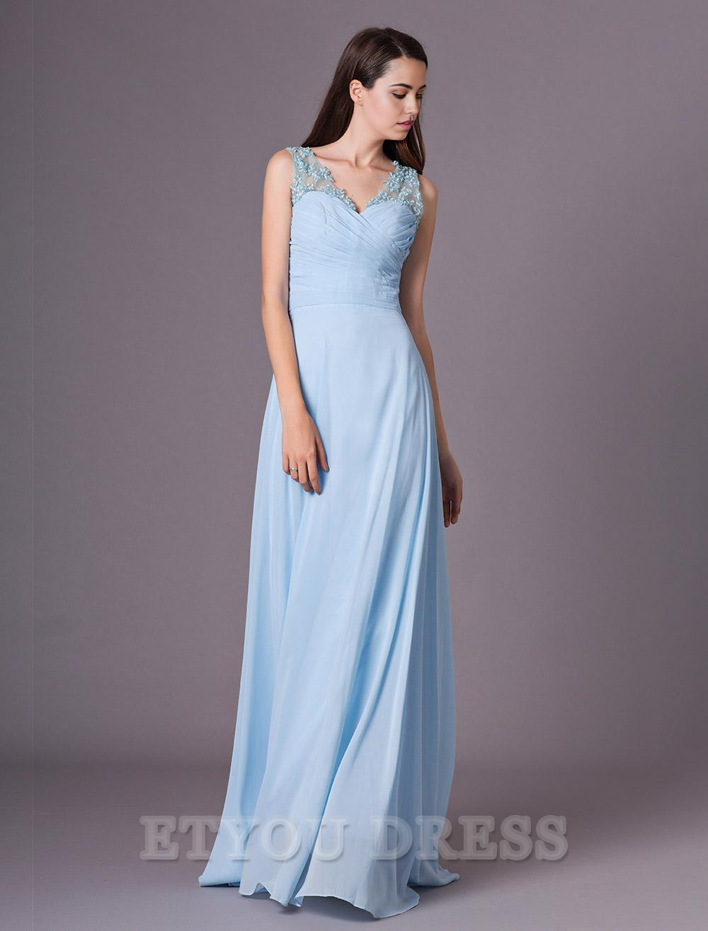 A-line V-Neck One Shoulder Floor-Length Chiffon formal dresses Bridesmaid Dresses evening gown Prom Dress With Flower